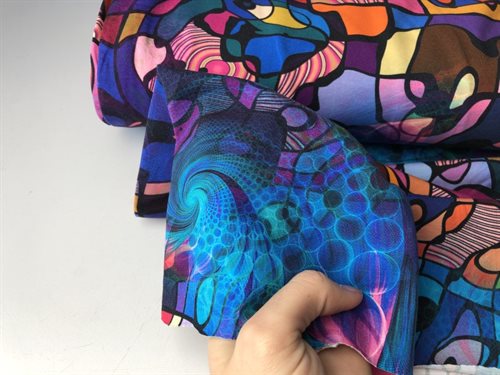 Bomuldsjersey - skønt abstrakt mønster i intense farver